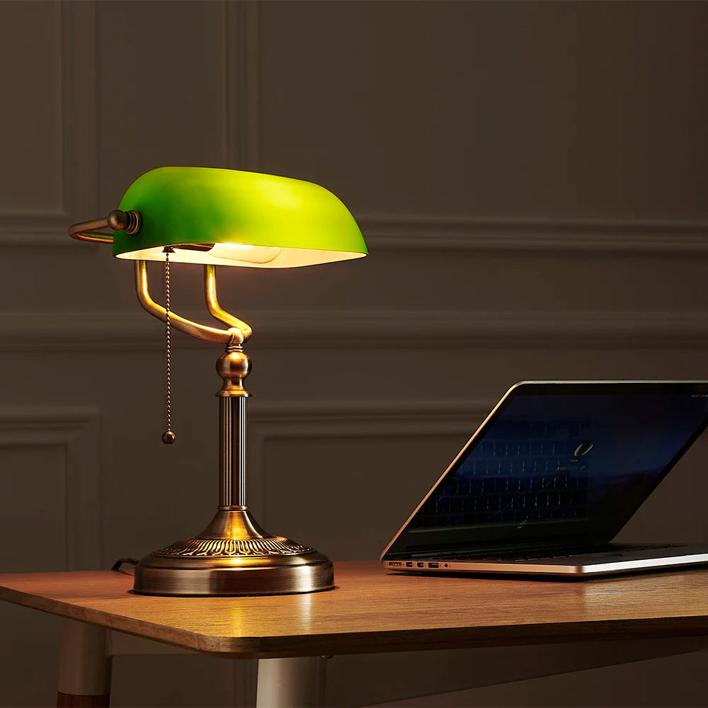 Glowinest™ Classical Banker's Desk Lamp – Green or White Glass Shade | Zipper Switch | Ideal for Living Room, Bedroom, or Office